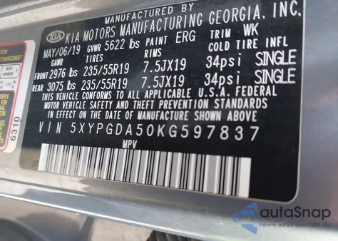 2019 Kia Sorento 3.3L S из США, поврежденный, VIN 5XYPGDA50KG597837